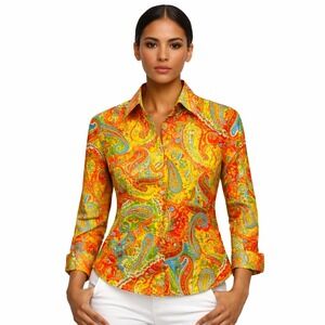 Vtg Lauren Ralph‎ Lauren Petite PS Paisley Button Up Multicolor Fall Boho Retro